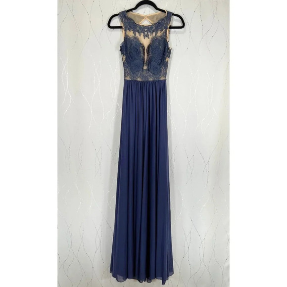 Sherri Hill Navy Blue Lace Illusion Open Back Formal Gown $298 - Picture 5 of 14